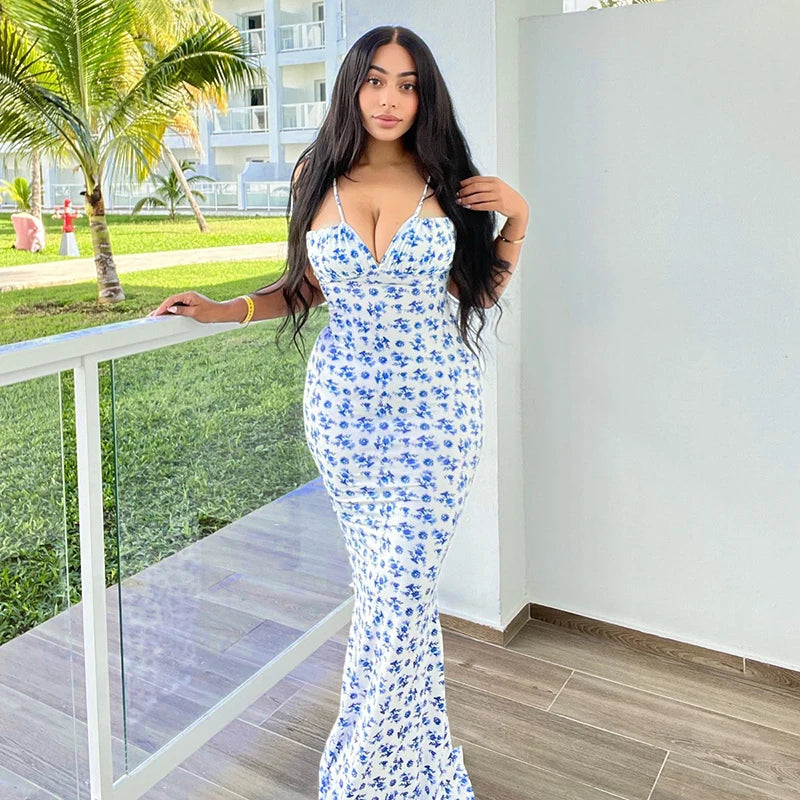 Lunivop Elegant Froral Printing Sleeveless Slim Long Dress Vacation Beach Party Evening Summer Y2k Casual Women Clothes