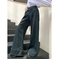 Lunivop American Style High-waisted Wide-leg Jeans Blue Pocket Design Unique Straight-leg Pants For Women Fashion Wide-leg Cowboy Pants