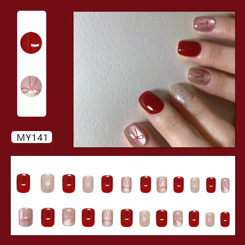 Lunivop  24pcs Self-adhesive Coffin Press on Nails Summer Red Ribbon Short Sweet False Nails Cat Eye Cheap Nail Tips Glued Nails Set