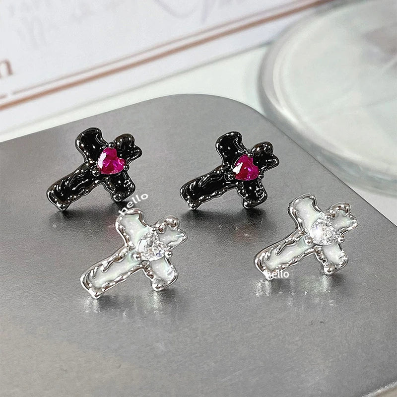 Lunivop 1PCS Y2K Liquid Lava Cross 316L Stainless Steel Ear Bone Nail Drip Glaze Love Zircon Earrings for Women Cochlear Accessories