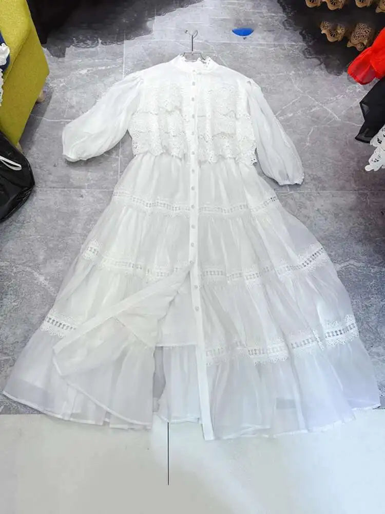 Lunivop Soliod Lace Splice Dresses Women's Round Neck Half Sleeve Single Breasted High Waist Elegant Dress Summer 2025 New