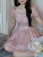 Lunivop  Summer Pink Kawaii Lolita Dress Women Mini Puff Sleeve Beach Casual Elegant Fairy Dress Print Korea Cute Party Dress Female