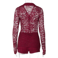 Lunivop  Autumn Women See Through Lace 2 Piece Set Turn Down Collar Long Sleeve Single Breasted Shirt Cardigan Top + Shorts Suit