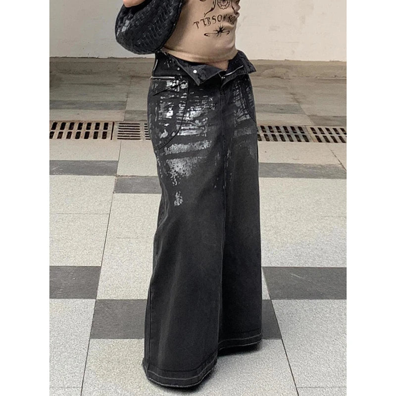 Lunivop Women's Autumn Hot Silver Denim A skirt High Waist Burr Edge Spliced Casual A-line Harajuku Korean Style Y2K Black Long skirt