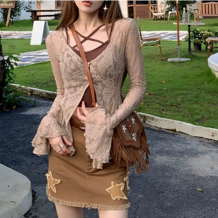 Lunivop  Vintage Long Sleeve Slim Fit Cardigan Coat Women+ Sexy Slim Fit Bottoming Camisole Vest 2025 Summer New Two Piece Sets