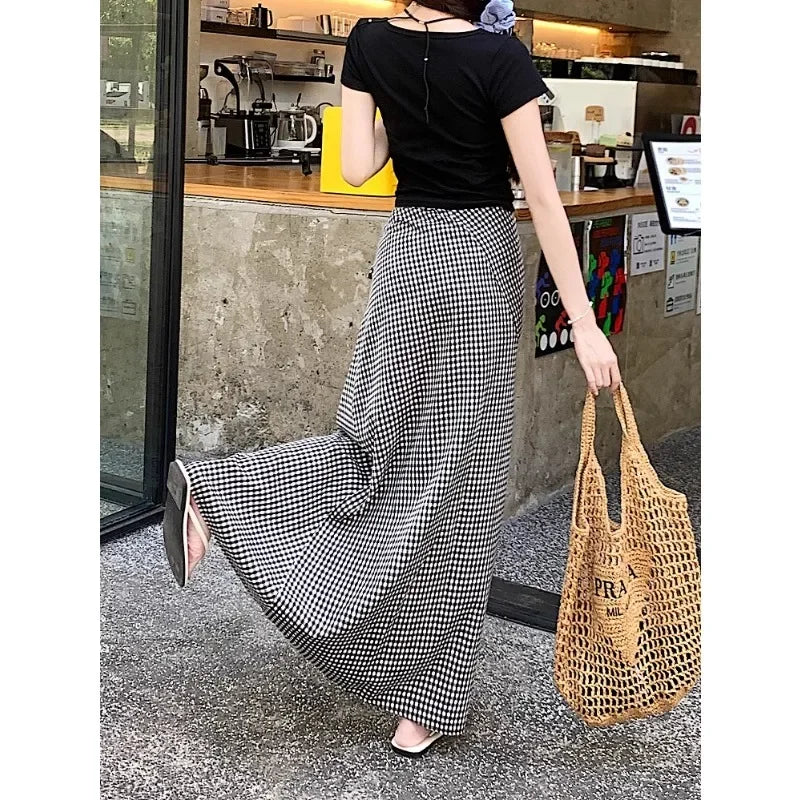 Lunivop Streetwear Contrast Color Plaid Casual Mid-length Skirt Women Summer New High Waist Pleated Lace Up Loose A-line Skirt