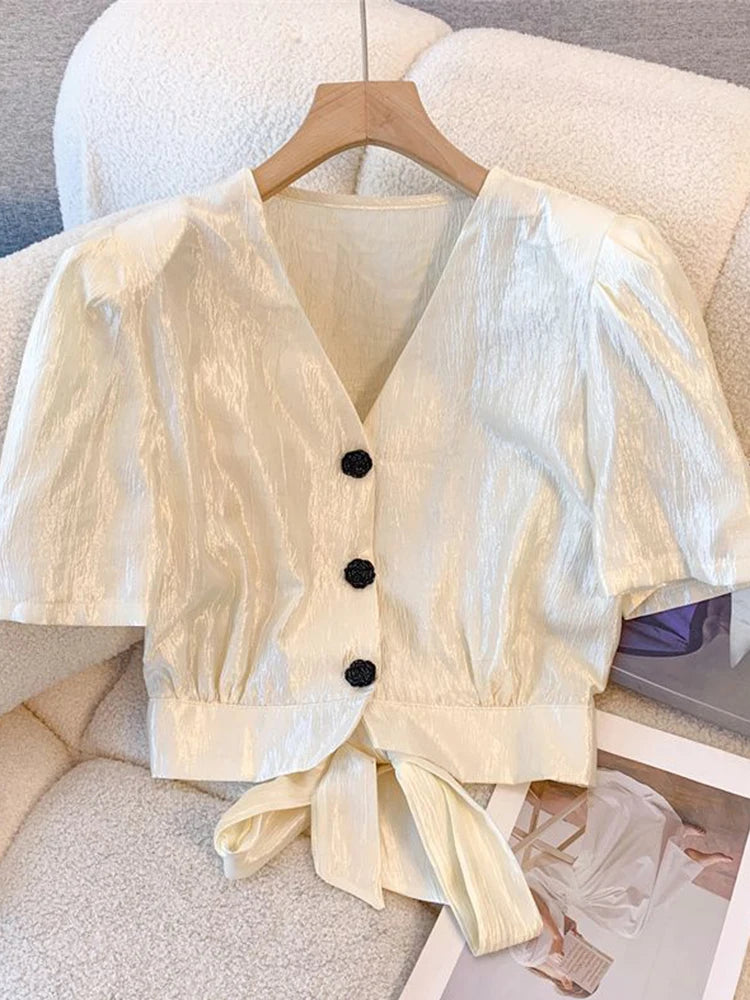 Lunivop  Cropped Sexy Slim Satin Shirt Women Vintage Back Bow Lace Up Puffy Sleeve Blouse Korean Fashion V Neck Elegant Short Tops
