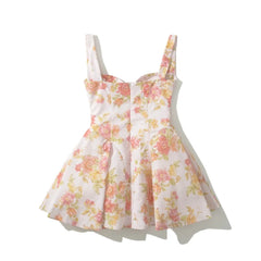 Lunivop  Sweet Pink Flower Print V Collar Sling Dress Women Corset Style Low Waist Folds Hem Ball Gown Swing Short Dresses Mini Tank Robe