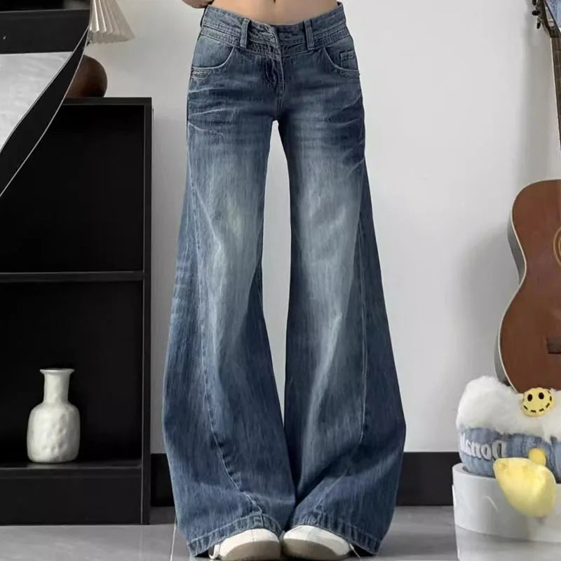 Lunivop  Vintage Streetwear Y2K Low-Waisted Jeans Women Spring Summer Slimming Loose-Fit Wide Leg Trousers Lady Casual Washed Denim Pants