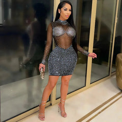 Lunivop  See Through Mesh Diamonds Bodycon Mini Party Dress Women Mock Neck Full Sleeve Hipster Night Clubwear Birthday Evening Gown