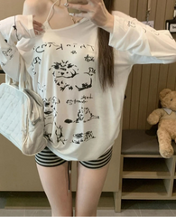 Lunivop  T Shirts Women Funny Cartoon Printed Long Sleeve Diagonal Collar Off Shoulder Loose Sweet Tops Female Casual Y2k Tshirt