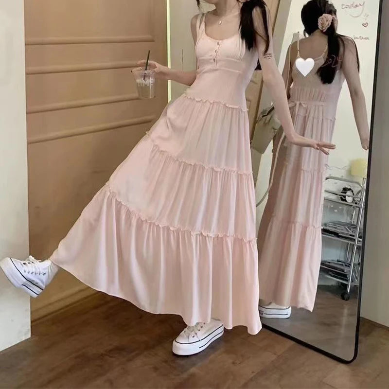 Lunivop Pink Cute Midi Dresse Sweet Ruffle Casual Elegant Chic Beach Long Spaghetti Strap Button Holiday Gentle Dress Fairycore