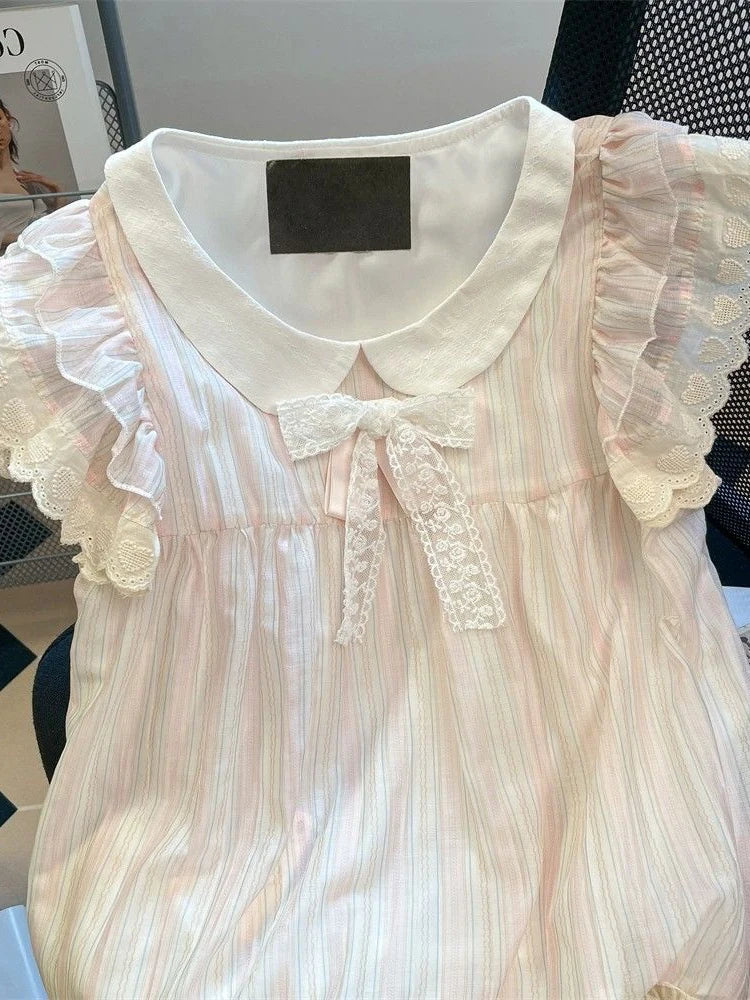 Lunivop  Women Cute Striped Shirt Vintage Sweet Lace Bow Flying Sleeve Kawaii Blouse Casual Summer Peter Pan Collar Lady Design Tops