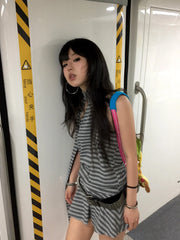 Lunivop  Y2k Aesthetics Halter Dress Japanese 2000s Style Grey Striped Short Dress Vintage Harajuku Backless Mini Dress Grunge