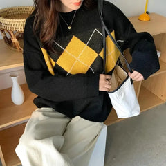 Lunivop  Autumn and Winter Fashion New Women's Loose Sweater Elegant Knitted Diamond Grid Retro Warm Cashmere Thick Hoodie Jumper