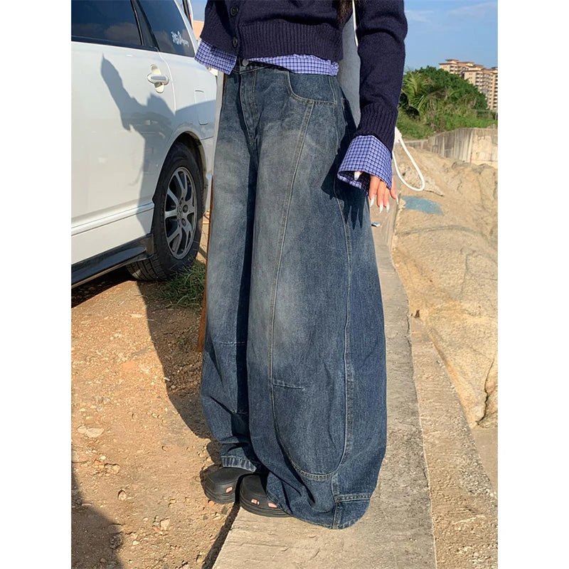 Lunivop Blue Womens Jeans High Waist Vintage Design Hip Hop Straight Baggy Denim Pants Street Y2K American Style Wide Leg Denim Trouser