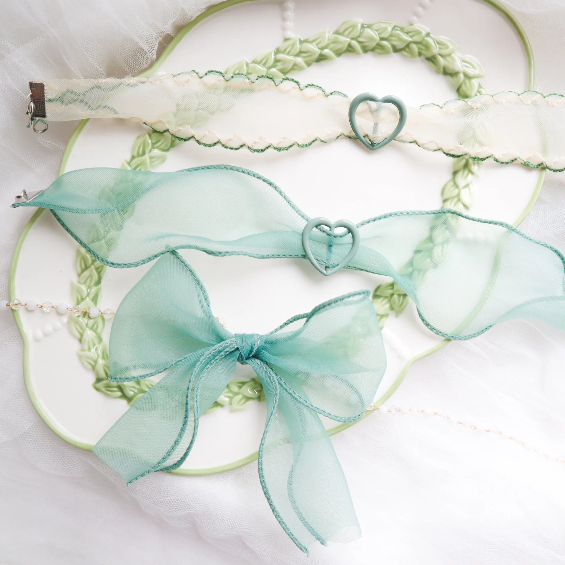 Lunivop New Korea Fashion Cute Green Color Heart Lace Bowknot Choker Necklace For Y2K Lovely Girl Women Charm Wedding Birthday Jewelry