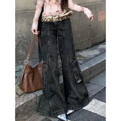 Lunivop Black Women Jeans High Waist Vintage Multiple Pockets Straight Y2K Baggy Denim Pants Street American Style Wide Leg Denim Trouse