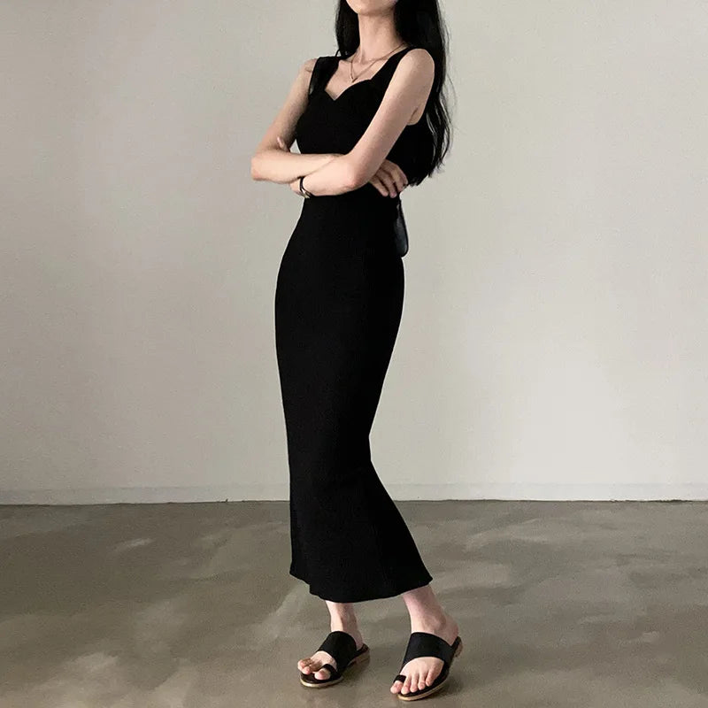 Lunivop  Korean Fashion Slim Summer Dresses Woman Casual Square Collar Sleeveless Long Dress Female Black Elegant Party Dresses