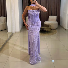 Lunivop  Lilac Evening Dress Strapless Corset Lace Applique Straight Evening Gowns with Scarf Elegant Long Formal Party Gown