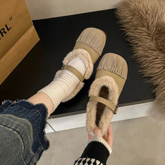 Lunivop Winter White Wool Shoes for Woman Sheep Fur Flats Fashion Buckle Mocasines Plush Cotton Snow Shoes Female Flat Mary Jane Shoes