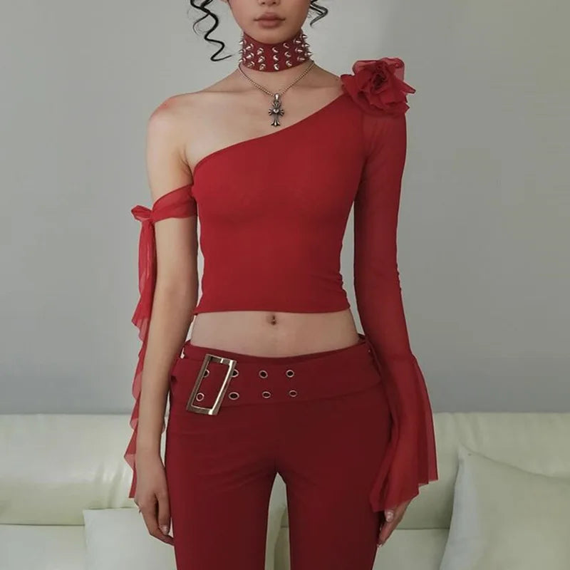Lunivop   Flare Sleeve Chic Elegant 3D Floral One Shoulder Lace-up Crop Top Y2K Solid Casual Slim Fit Party Streetwear Tank Top