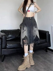 Lunivop  Washed Gradient Hole Denim Shorts American Street High Waist Black Jeans Women Y2k E-Girl Loose Knee-Length Wide Leg