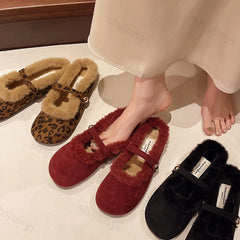 Lunivop Winter Fur Leopard Suede Mary Jane Shoes for Women Flats Snow Boots Cotton Shoes Ballet Dance Shoes Plush Warm Botas