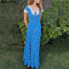 no  Lunivop  Women Retro French Style Blue Polka Dot Spliced Lace Bow V neck Short Sleeve Dress Summer Maxi Long Dresses Robe Femme Vestidos