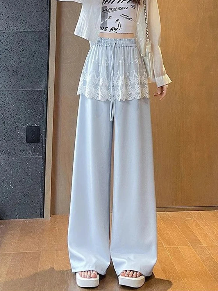 Lunivop Sweet Lace Patchwork Pant Women High Waist Cute Casual Loose Trousers Korean Fashion Summer Elegant Chic Wide Leg Pants New