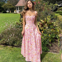 Lunivop Vintage Floral Print Square Collar Coraset Slit Elegant Evening Women'S Dresses Summer Fashion Casual Clothes Streetwear