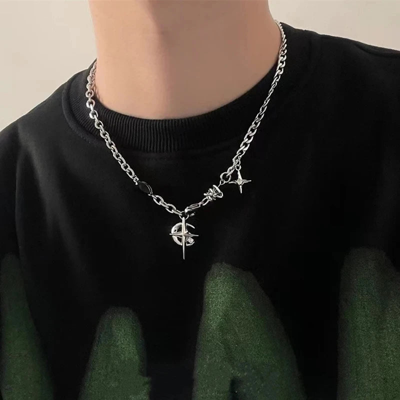 Lunivop Kpop Zircon Cross Star Beaded Necklace Men Imitation Pearl Star Pendant Necklaces Y2K Hiphop Star Tassel Choker Necklace Unisex