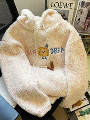 Lunivop Winter Faux Lamb Sweet Coat Women Cute Cartoon Embroidery Warm Jacket Casual Loose Long Sleeve Korean Fashion Hooded Tops