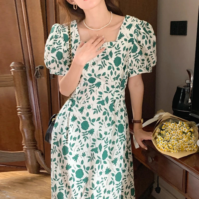 Lunivop  Elegant Chic Square Collar Floral Tie Waist Slimming Bubble Sleeve Mid-Length Dress Women's Fashion Commute Style Short Sleeve