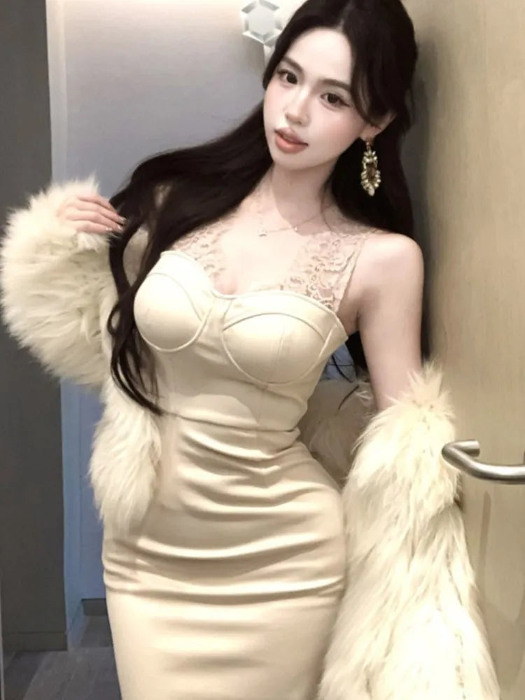 Lunivop Korean Lace Stitching Elegant Mid-length Party Dresses V-neck Hollow See Through Sexy Long Sleeve Dress  Women Autumn New