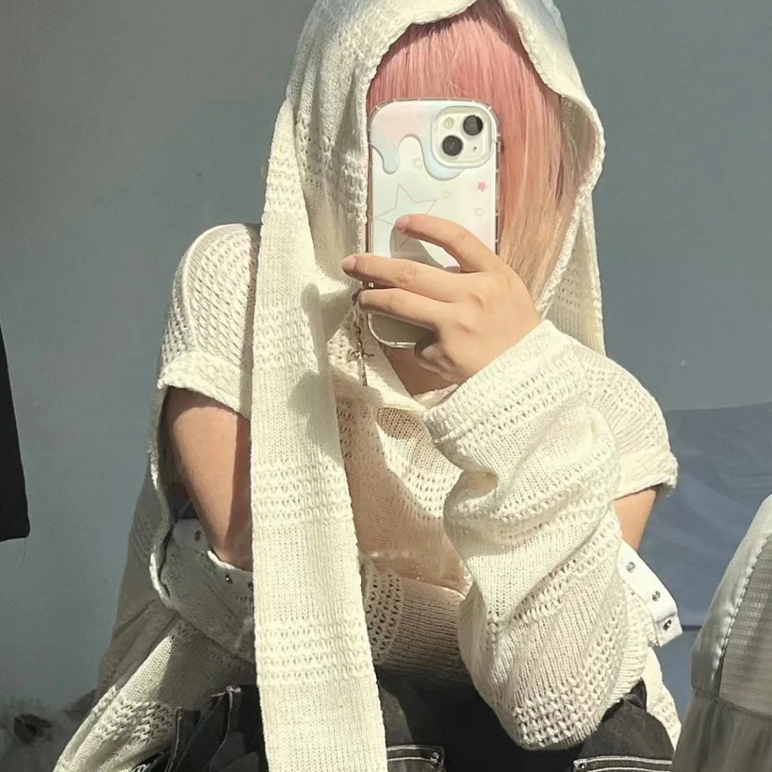 Lunivop  Rabbit Ears Hooded Knitted Pullover Women Autumn Holllow Out Loose Sheer Detachable Sleeves Sweater Gothic Y2k Tops Ins