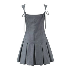 Lunivop  Women Sleeveless Dress Pleated Mini Dresses Party Robe Gray Black Chest Bow Strap
