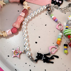 Lunivop Goth Aesthetic Black Cat Star Love Ceramic Acrylic Colorful Beaded Chain Bracelet Girl 2000s EMO Charm Jewelry Y2K Accessories