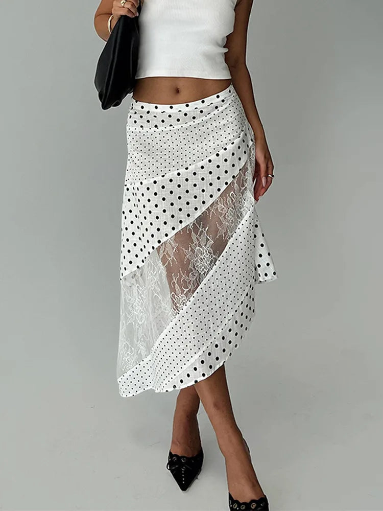 Lunivop   Polka Dot Patchwork Sheer Lace Midi Skirt Women Summer Clothes A-Line Asymmetric Long Skirt Beach Vacation Chic Streetwear