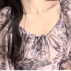 Lunivop  French Retro Light Mature Style Floral Summer Women's New Pullover Square Neck Tie Folds Fashion Casual Short Sleeved Dress the dress black dress white dress