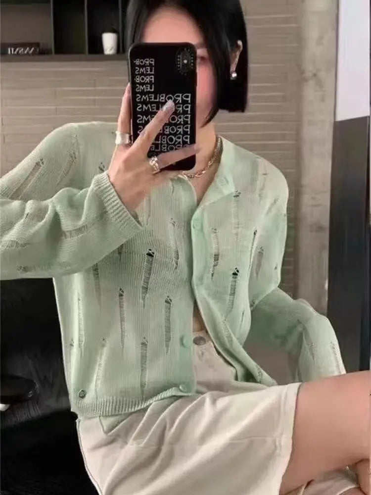 Lunivop Distressed Button Front Knit Top Sweater Cardigan Women Long Sleeve Ripped Blouse Summer Cover Up Teen-girl Grunge Y2K Outfit