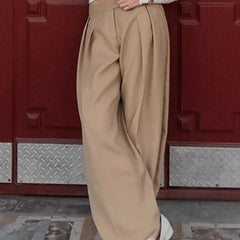 Lunivop  BKLD Fashion Suit Trousers For Women Temperament Khaki High-waist Pockets Folds Versatile Casual Straight Pants Retro Streetwear