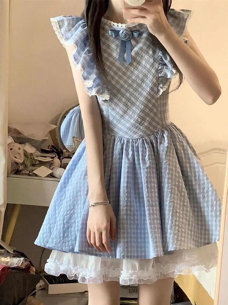 Lunivop  Cute Sweet Blue Plaid Dress Women Elegant 3D Floral Flying Sleeve Mini Dress Japan Vintage Slim Kawaii Lace Patchwork Dress