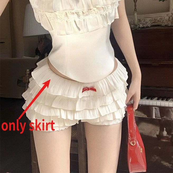 Lunivop  Ruffles Patchwork Halter Sleeveless Vest Top for Women+ High Waist Sweet Skirts Shorts 2025 Summer New Two Piece Sets