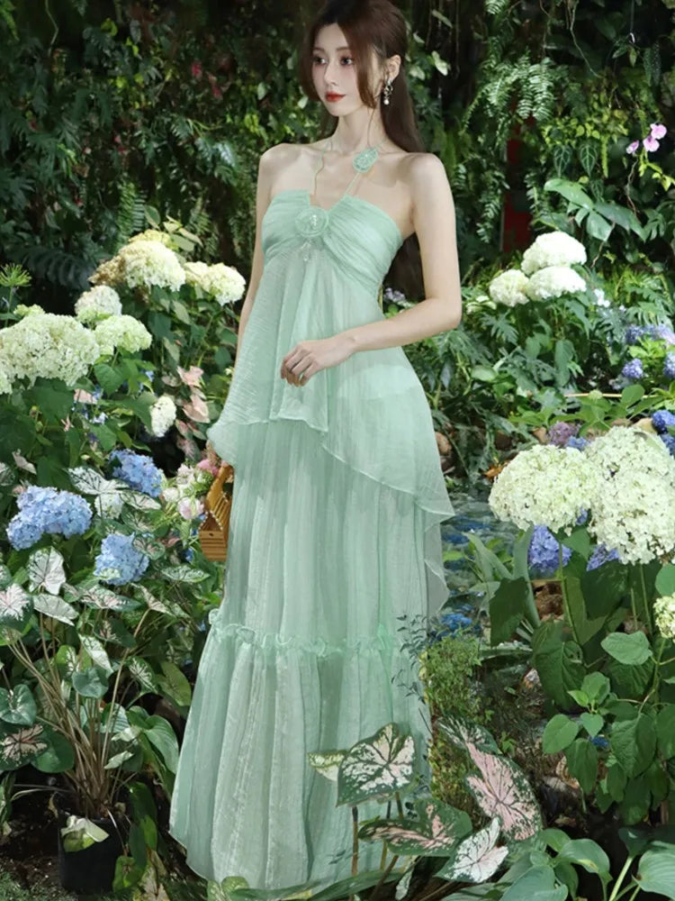 Lunivop  Sweet Halter Birthday Party Dress French Style Off Shoulder Backless Ruffles Evening Dresses Summer A-line Vestidos Robe Clothes