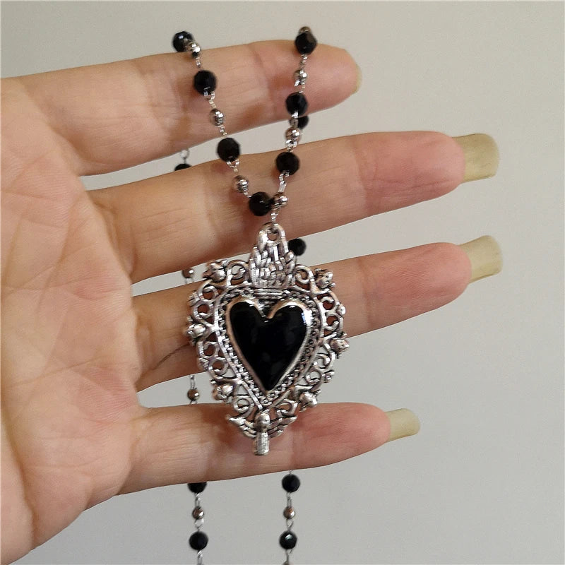 Lunivop Kpop Cute Aesthetic Heart Bow Cross Pendant Purple Bead Necklace Egirl Goth Vintage 2000s Y2K EMO Rave Jewelry Scene Accessories