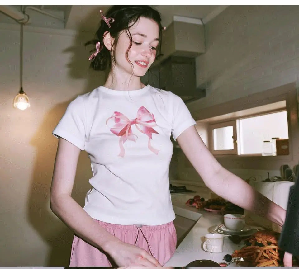 Lunivop South Korea's original niche design 2024 summer Spice girls short top bow round neck short-sleeved T-shirt sweet and spicy girl