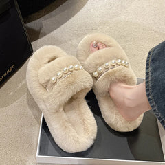 Lunivop Chunky Platform Fur Slippers Women Autumn New Fashion Pearl Thick Bottom Furry Outdoor Slippers Woman Short Plush Designer Shoes