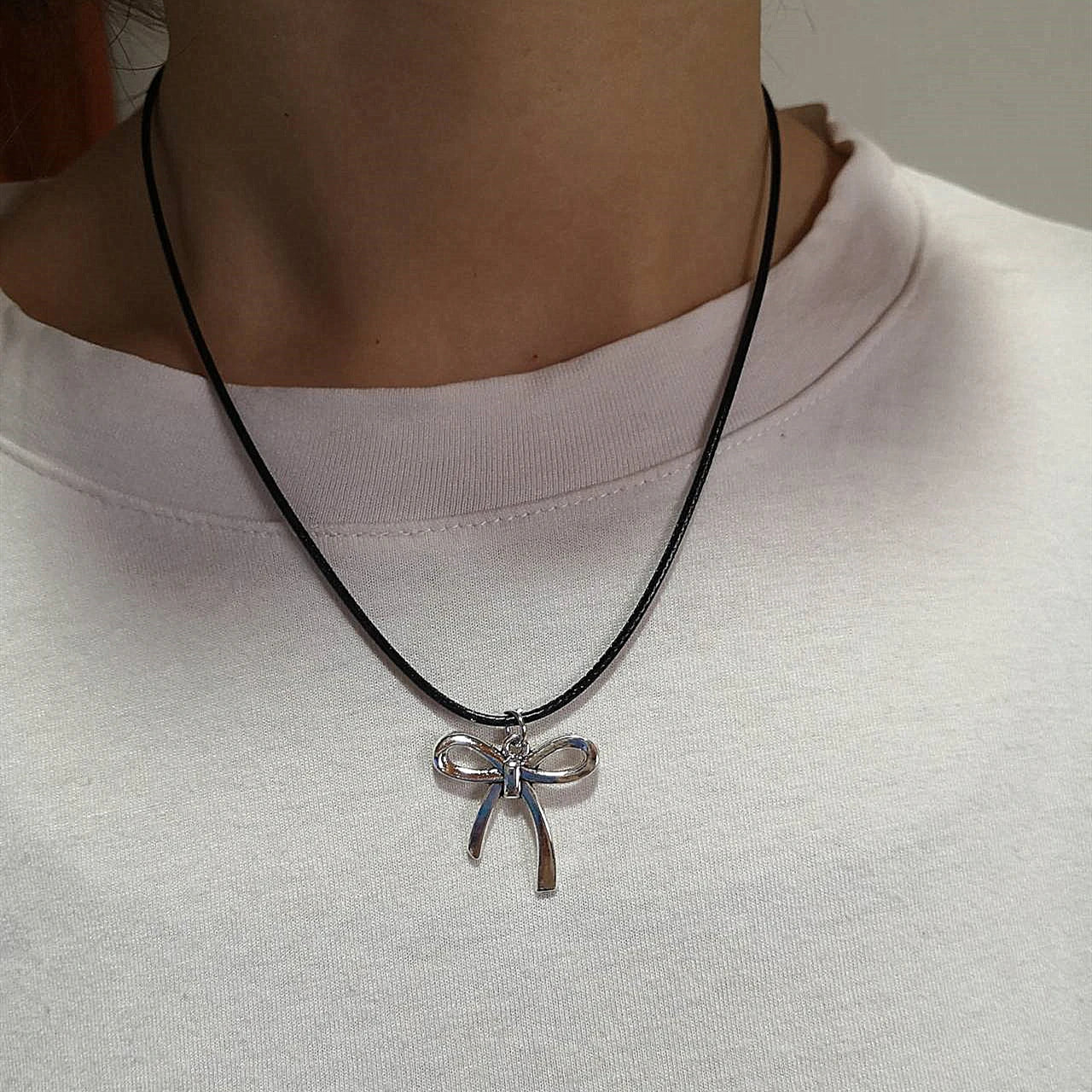 Lunivop Goth Y2K Bowknot Pendant Pink Black Leather Rope Necklace For Girl Aesthetic EMO 2000s Antique Silver Color Jewelry Accessories