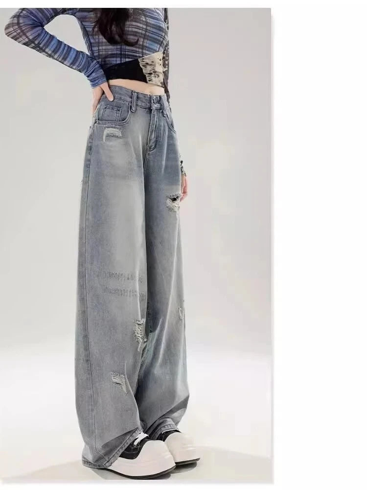 Lunivop American Retro Ripped Jeans for Women 2025 Summer Thin High Waist Slimming Loose Straight Wide-leg Floor Trousers Underpants